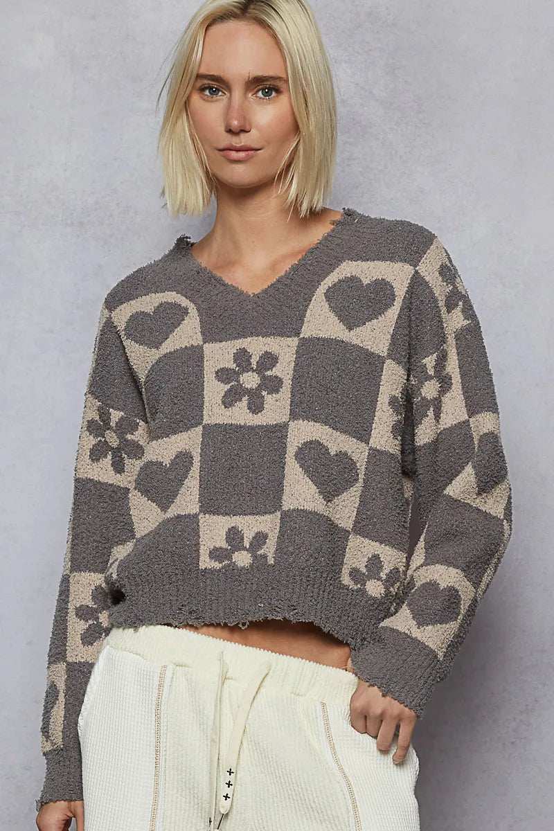 POL V-Neck Heart Pattern Checkered Sweater - Trendsi - Flyclothing LLC