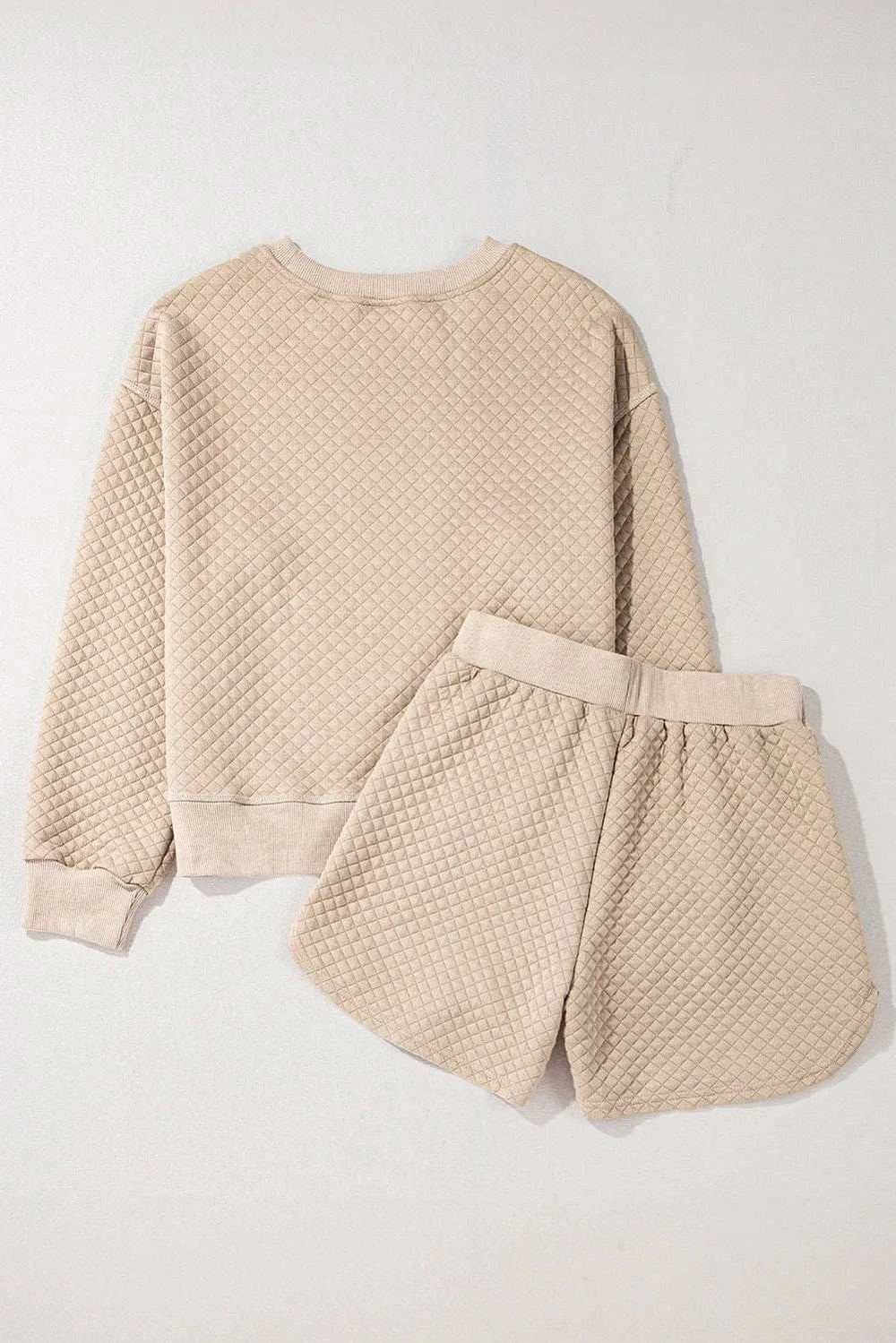 Quilted Round Neck Long Sleeve Top and Shorts Set - Trendsi - Flyclothing LLC