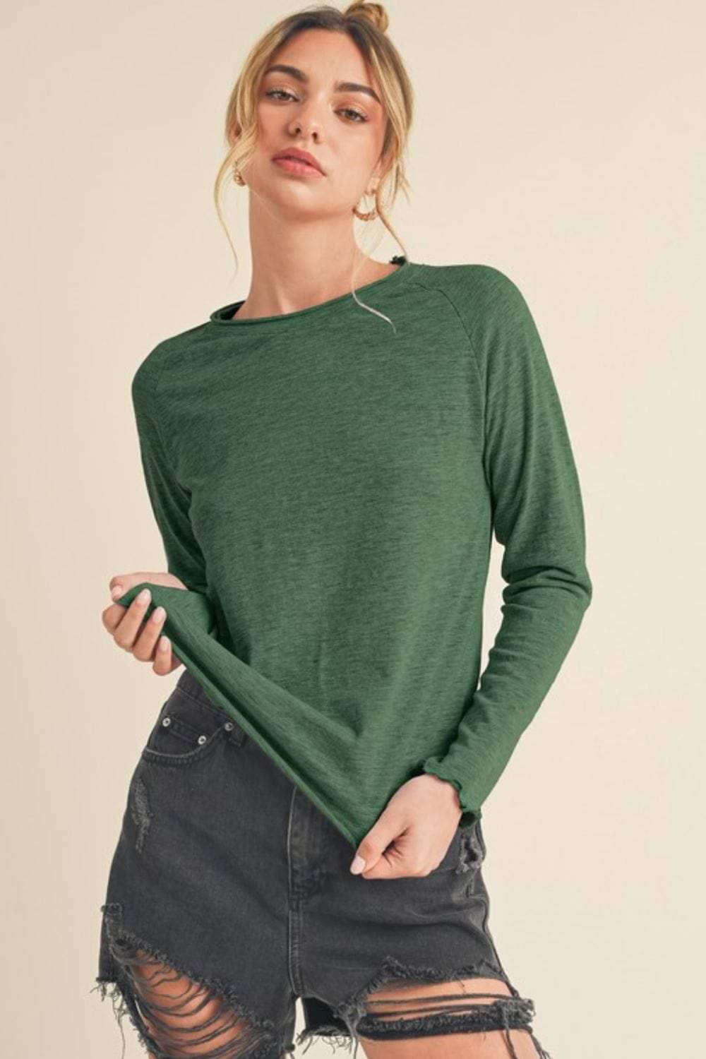 Aemi + Co Lettuce Hemline Round Neck Raglan Sleeve T-Shirt - Trendsi