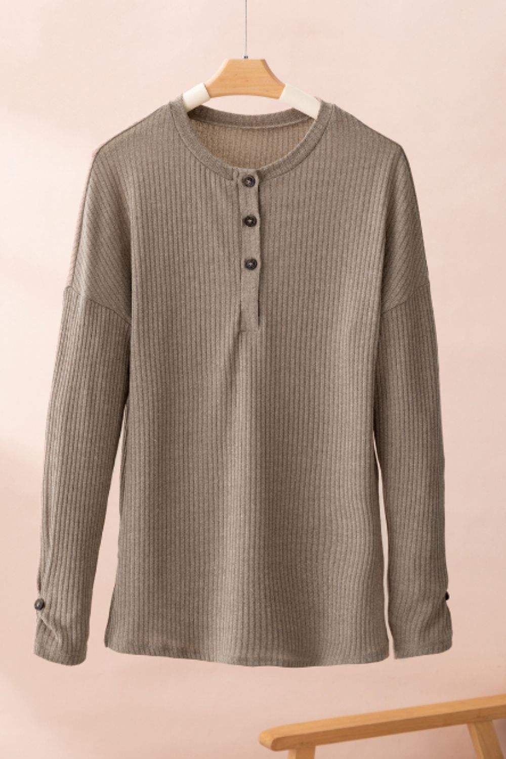 Quarter Button Round Neck Dropped Shoulder Knit Top - Trendsi - Flyclothing LLC