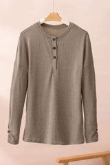 Quarter Button Round Neck Dropped Shoulder Knit Top - Trendsi - Flyclothing LLC