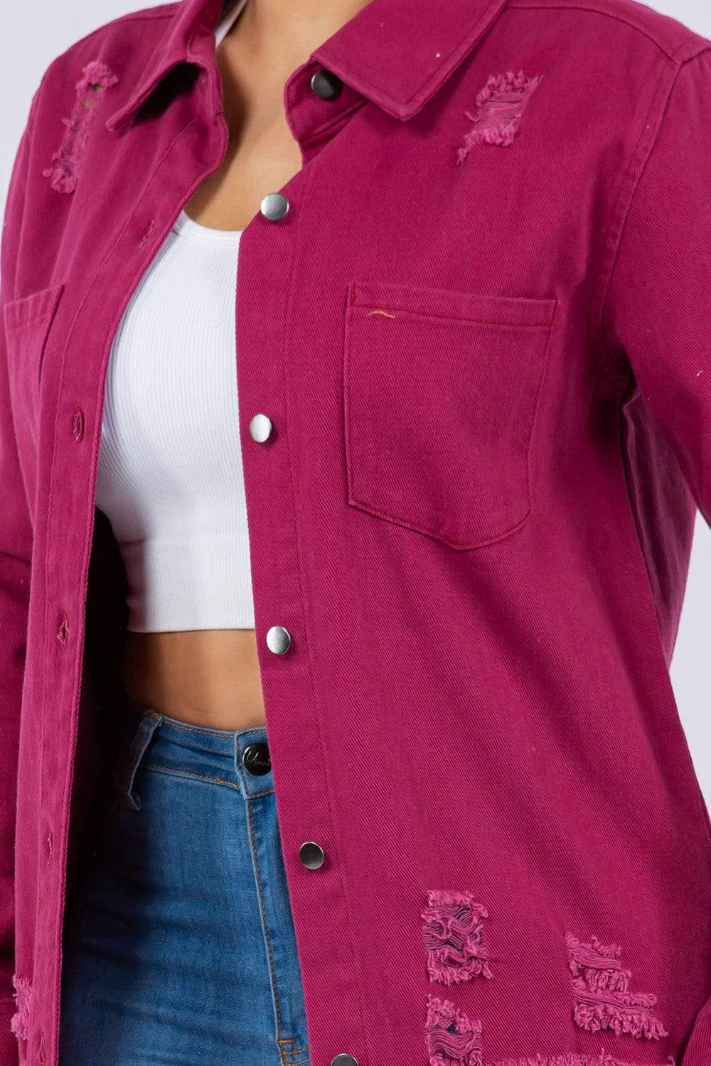 American Bazi Distressed Button Up Long Sleeve Denim Jacket - Trendsi - Flyclothing LLC