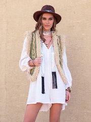 Fuzzy Trim Open Front Vest Coat - Trendsi