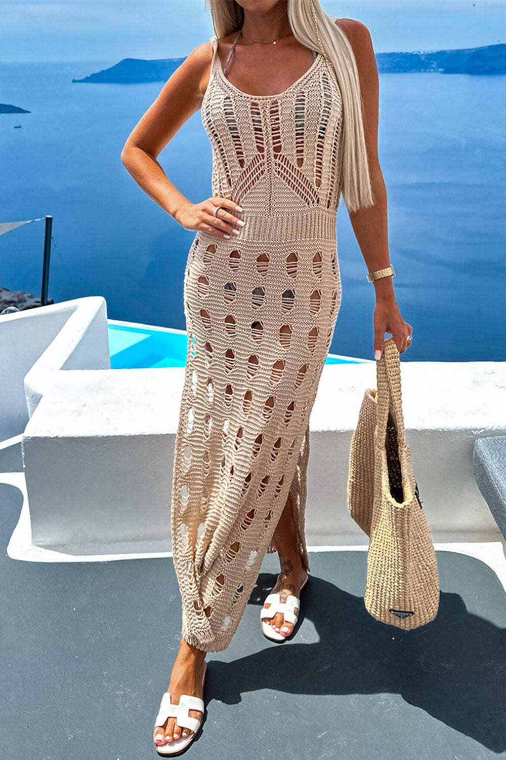 Openwork Slit Scoop Neck Sleeveless Cover Up - Trendsi - Flyclothing LLC