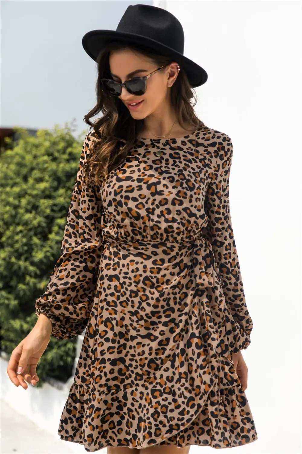 Animal Print Round Neck Balloon Sleeve Mini Dress - Trendsi - Flyclothing LLC