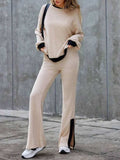 Contrast Round Neck Long Sleeve Top and Bootcut Pants Set - Trendsi - Flyclothing LLC