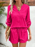 Notched Long Sleeve Top and Shorts Set - Trendsi - Flyclothing LLC