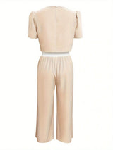 Round Neck Short Sleeve Top and Tied Pants Set - Trendsi - Flyclothing LLC