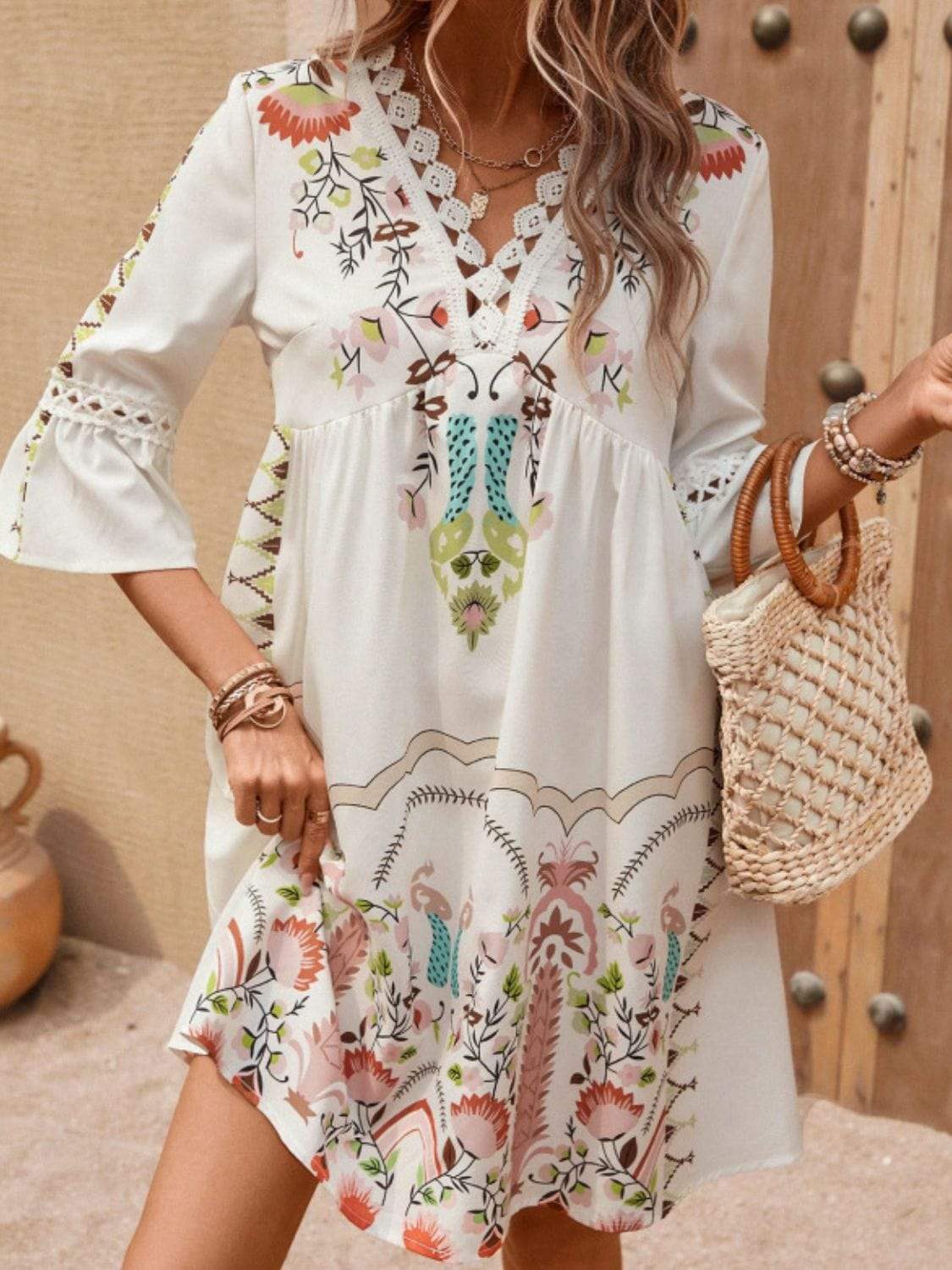 Lace Detail Printed Three-Quarter Sleeve Dress - Trendsi - Flyclothing LLC