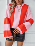 Color Block Round Neck Long Sleeve Sweater - Trendsi