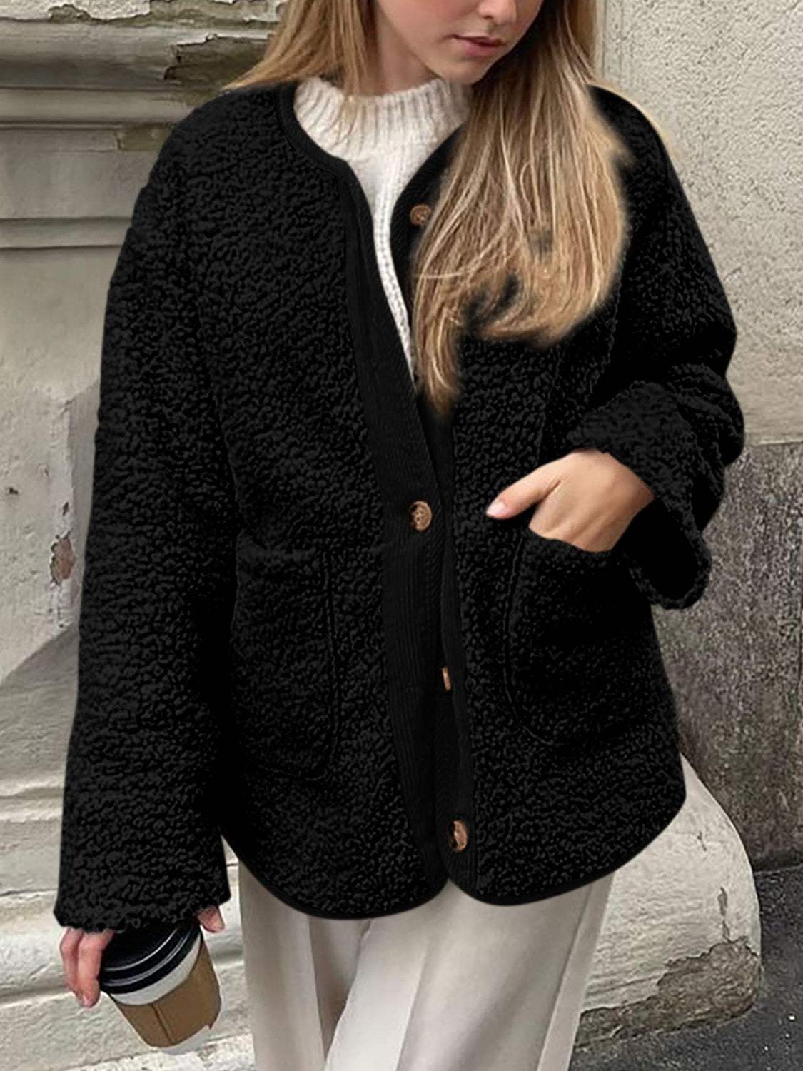 Contrast Button Up Sherpa Jacket with Pockets - Trendsi - Flyclothing LLC