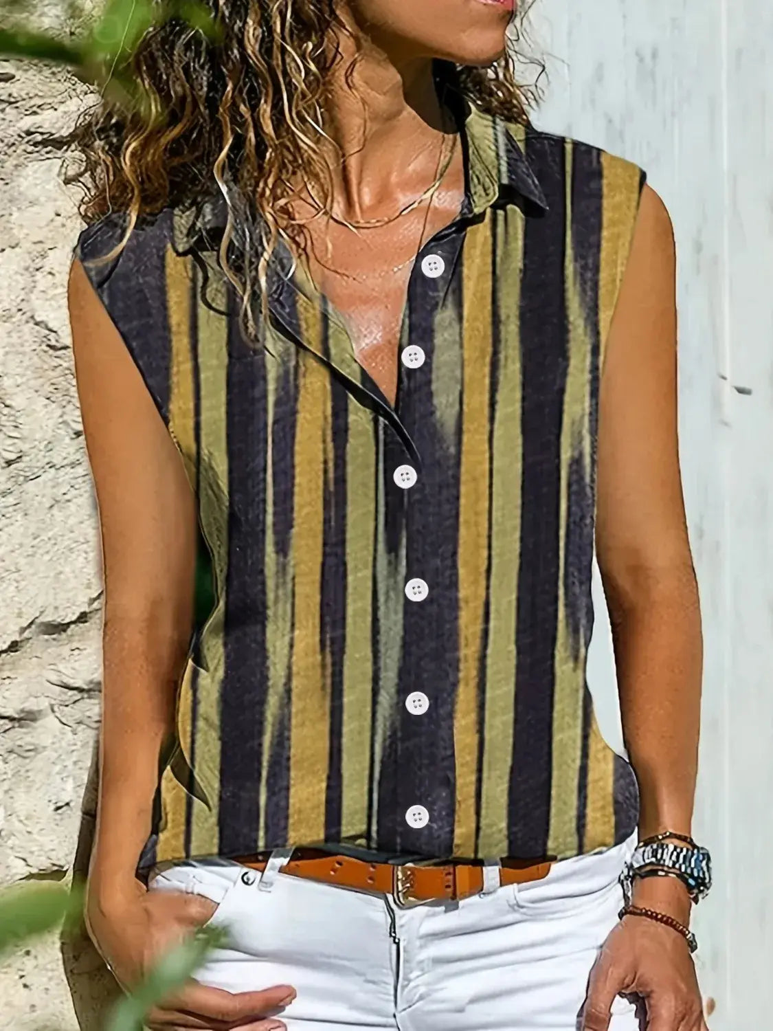 Button Detail Striped Sleeveless Shirt - Trendsi - Flyclothing LLC