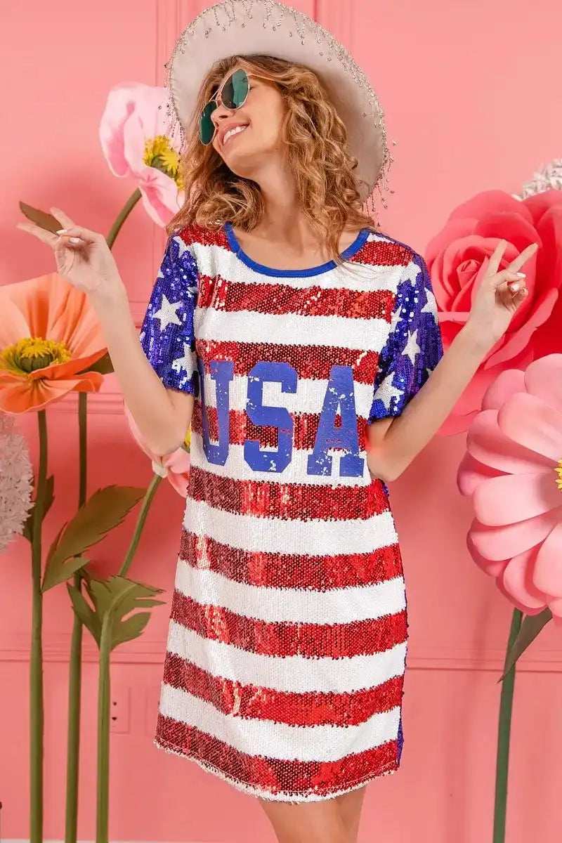 BiBi American Flag Theme Usa Print Sequin Dress - Trendsi - Flyclothing LLC
