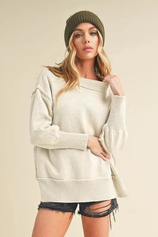 Aemi+Co Ribbed Hem Side Slit Round Neck Sweater - Trendsi