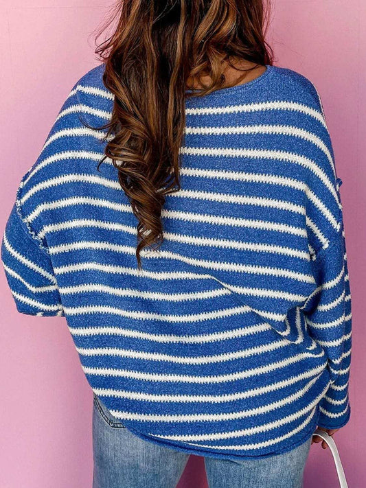 Plus Size Striped Round Neck Dropped Shoulder Sweater - Trendsi - Flyclothing LLC