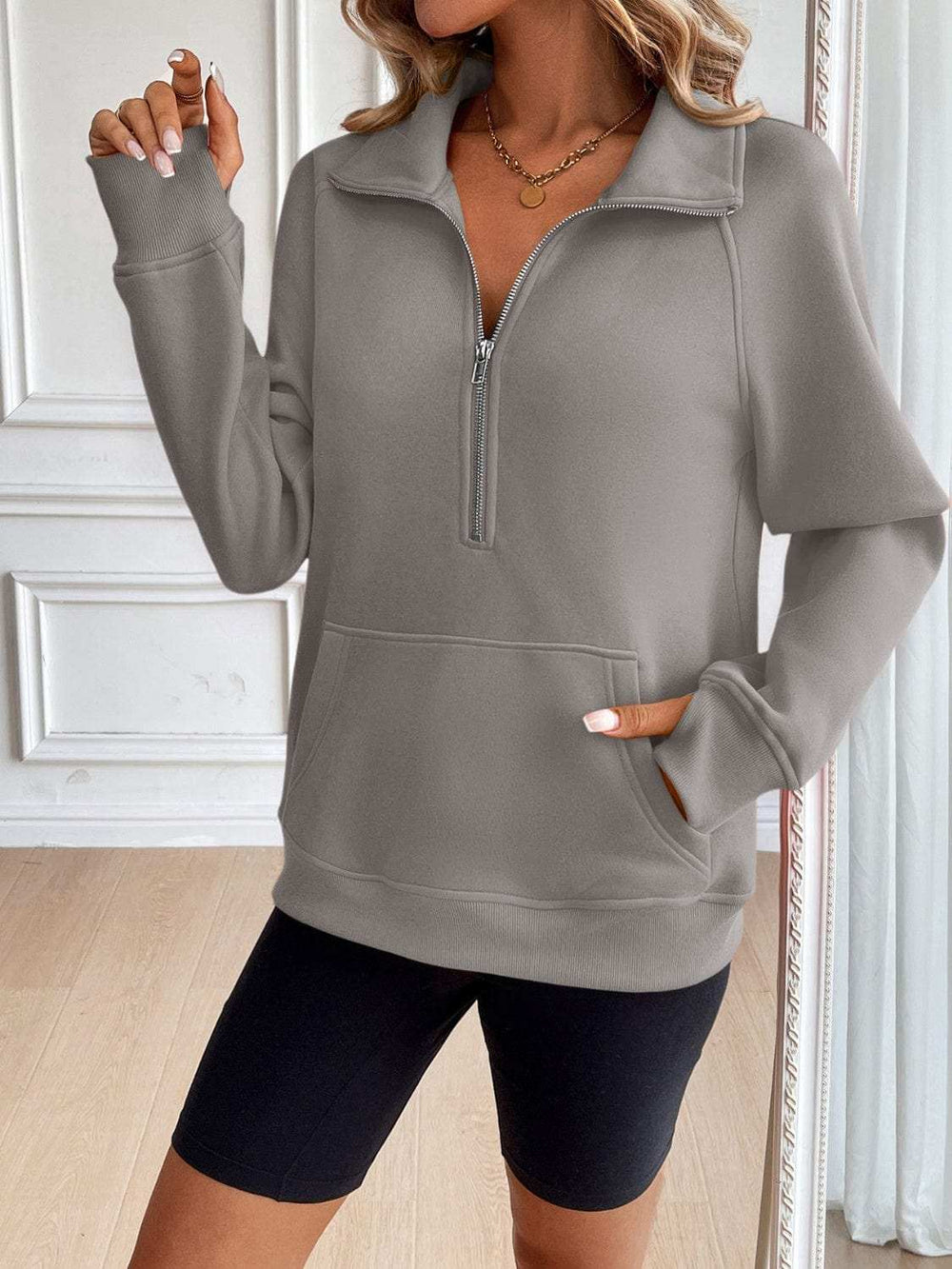 Ivy Lane Half Zip Raglan Sleeve Sweatshirt - Trendsi - Flyclothing LLC
