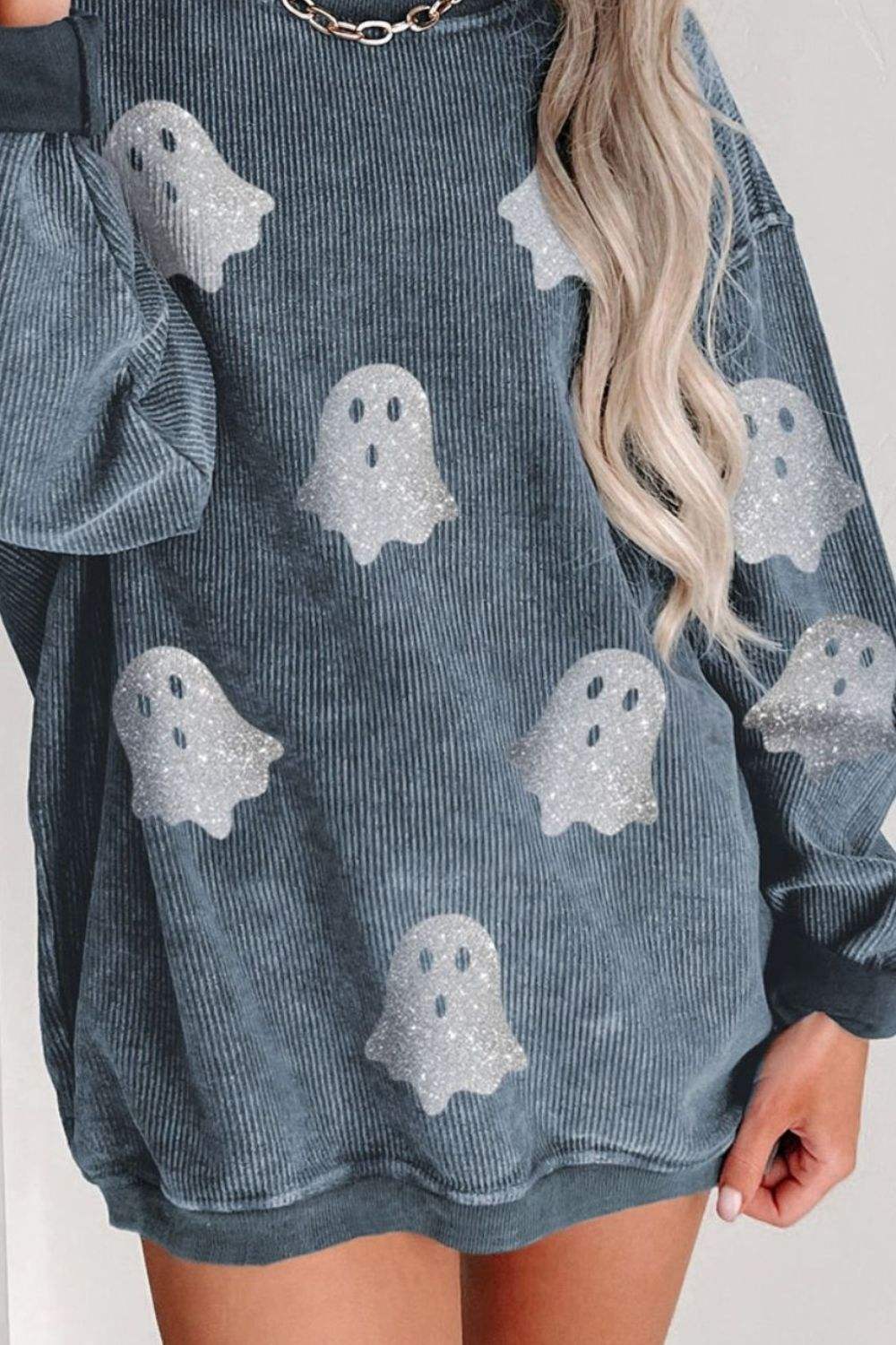 Glitter Ghost Round Neck Long Sleeve Sweatshirt - Trendsi - Flyclothing LLC