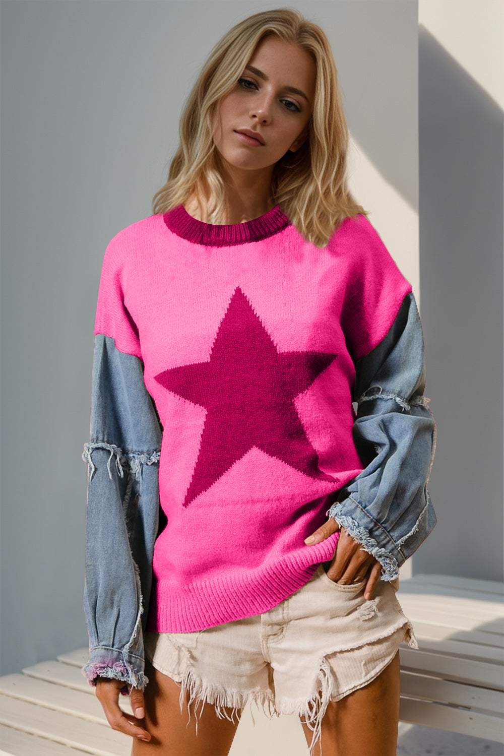 Double Take Full Size Star Pattern Raw Edge Long Sleeve Sweater - Trendsi - Flyclothing LLC