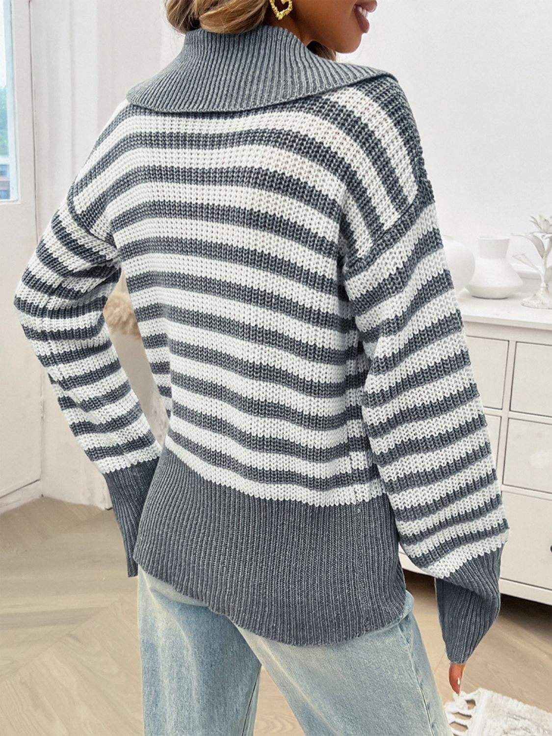 Striped Collared Neck Long Sleeve Sweater - Trendsi - Flyclothing LLC