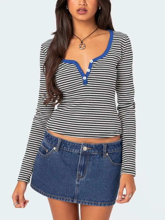 Buttoned Striped Long Sleeve T-Shirt - Trendsi - Flyclothing LLC