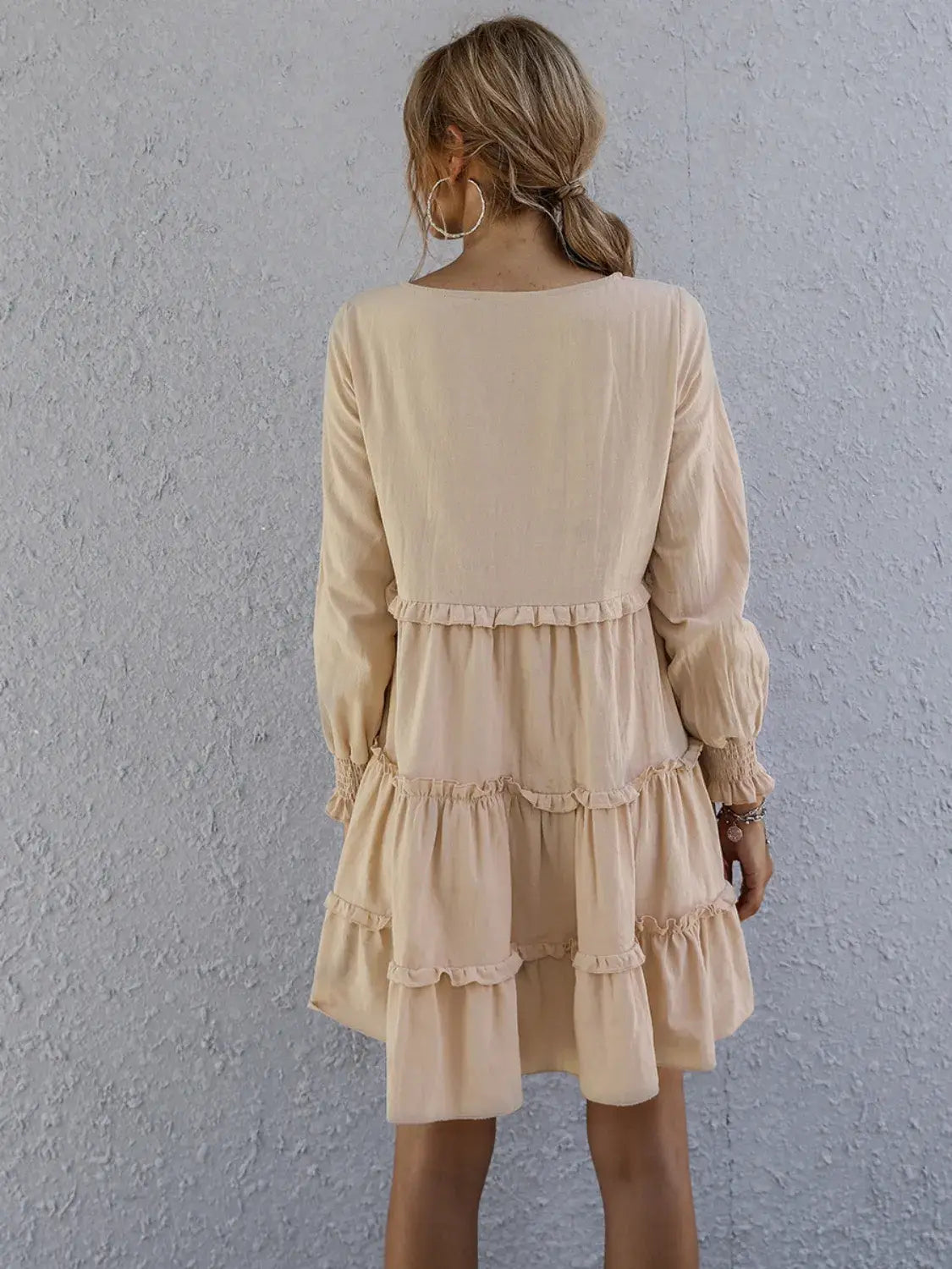 Frill Tiered Long Sleeve Mini Dress - Trendsi - Flyclothing LLC