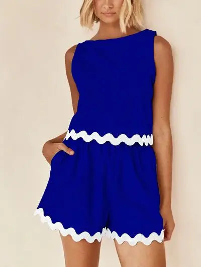 Contrast Trim Round Neck Tank and Shorts Set - Trendsi - Flyclothing LLC