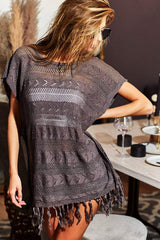 BiBi Fringed Hem Short Sleeve Knit Top - Trendsi - Flyclothing LLC
