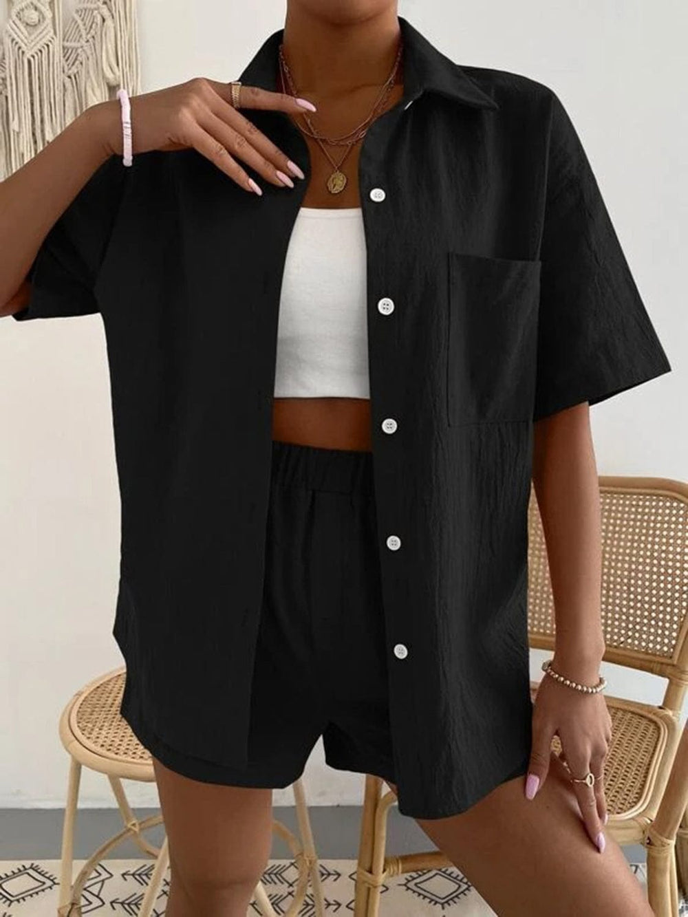 Button Up Short Sleeve Shirt and Shorts Set - Trendsi