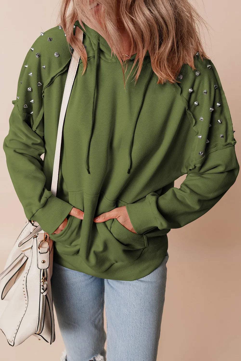 Rivet Drawstring Long Sleeve Hoodie - Trendsi - Flyclothing LLC