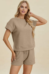Double Take Full Size Texture Short Sleeve Top and Shorts Set - Trendsi - Flyclothing LLC