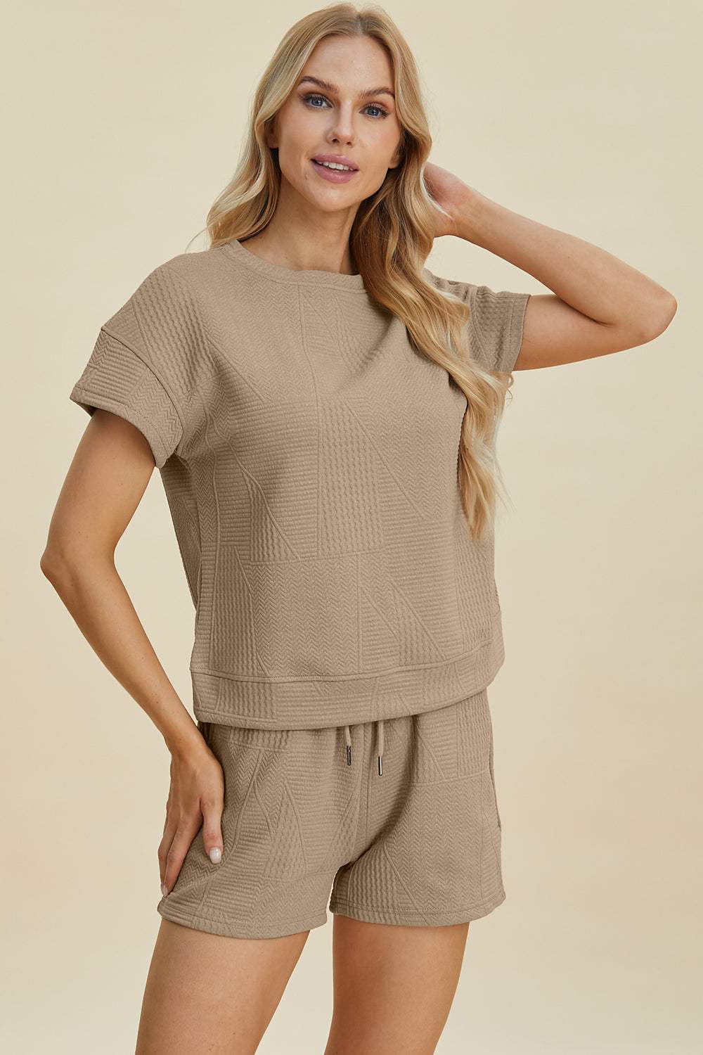 Double Take Full Size Texture Short Sleeve Top and Shorts Set - Trendsi - Flyclothing LLC