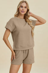 Double Take Full Size Texture Short Sleeve Top and Shorts Set - Trendsi
