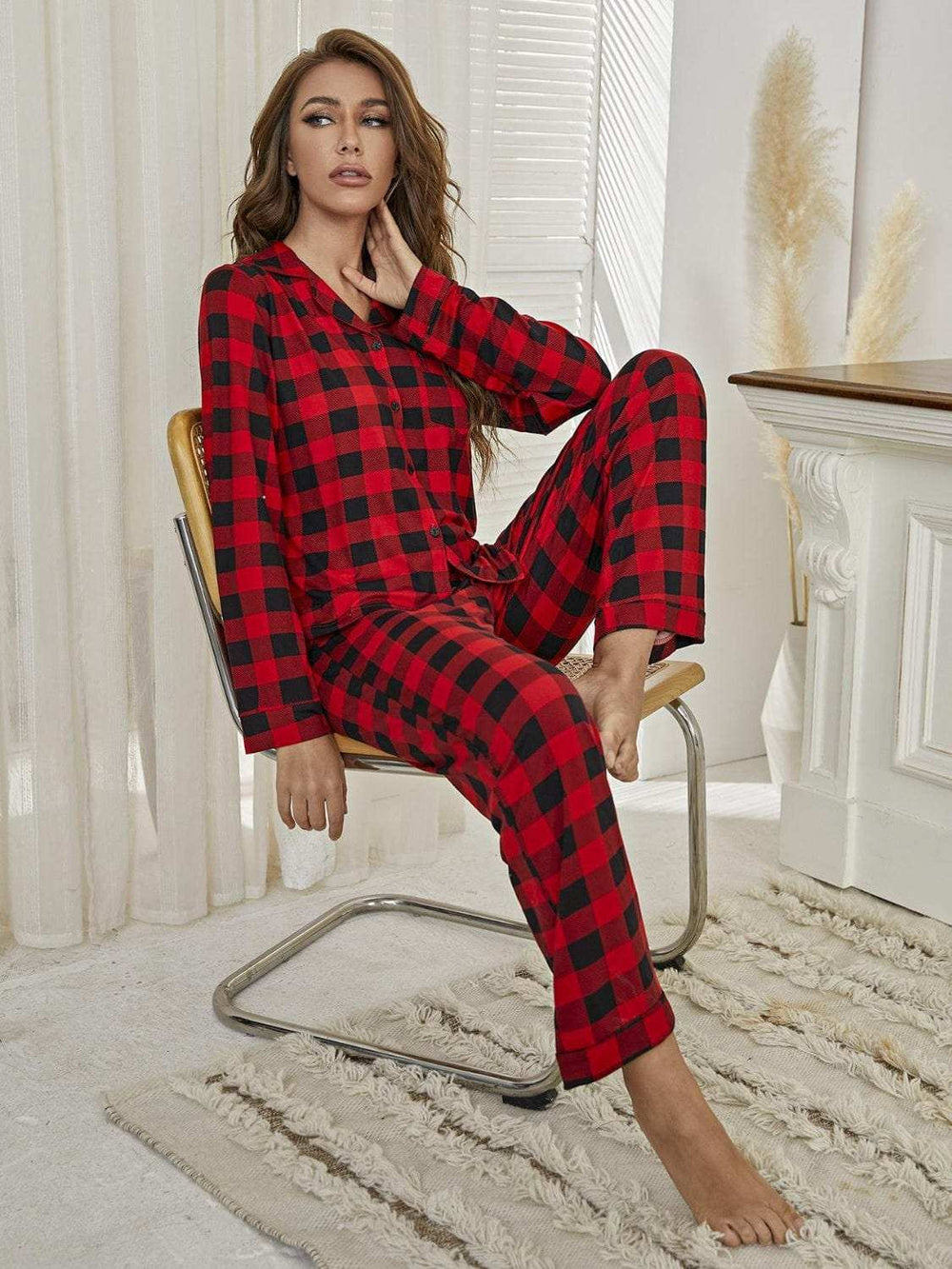 Plaid Collared Neck Long Sleeve Top and Pants Lounge Set - Trendsi - Flyclothing LLC