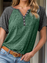 Contrast Notched Short Sleeve T-Shirt - Trendsi - Flyclothing LLC