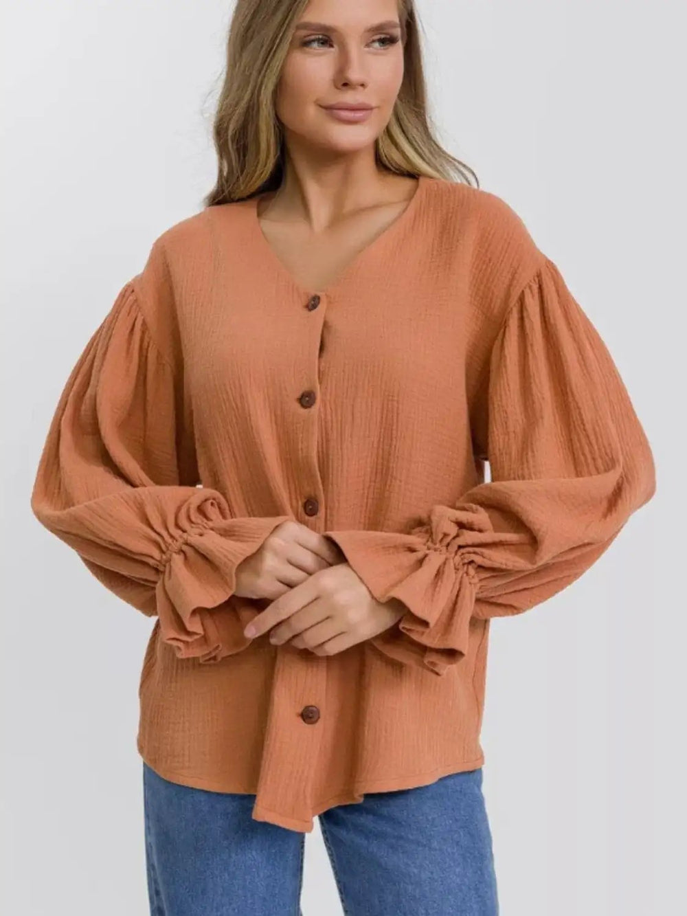 Button Up Flounce Sleeve Shirt - Trendsi