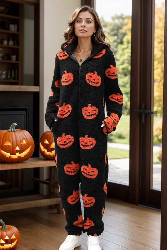 Fuzzy Pumpkin Half Zip Hooded Jumpsuit - Trendsi