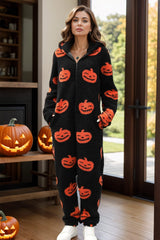 Fuzzy Pumpkin Half Zip Hooded Jumpsuit - Trendsi
