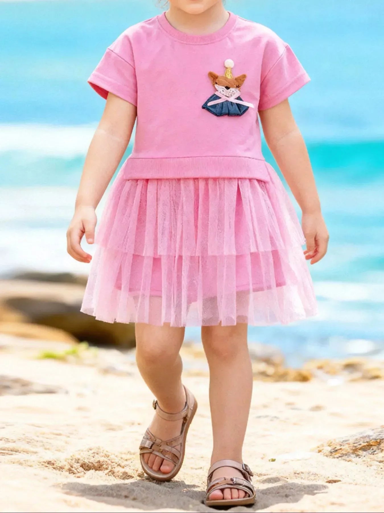 Children's Fox Applique Tulle Layered Dress - Trendsi - Flyclothing LLC
