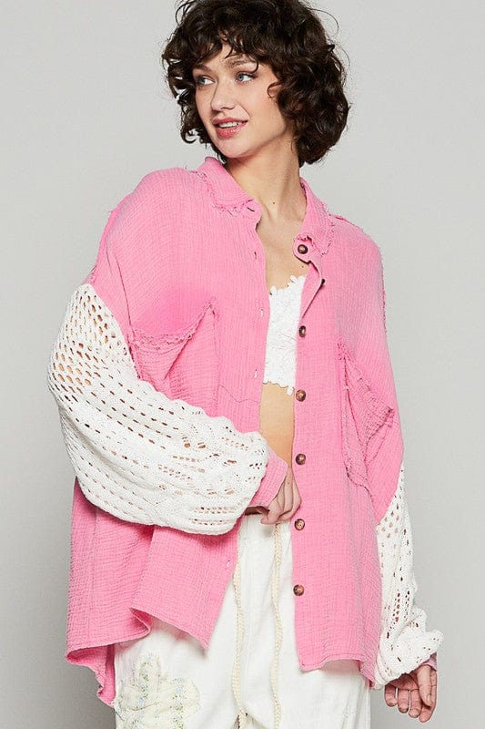 POL Openwork Lantern Sleeve Button Down Gauze Shirt - Trendsi