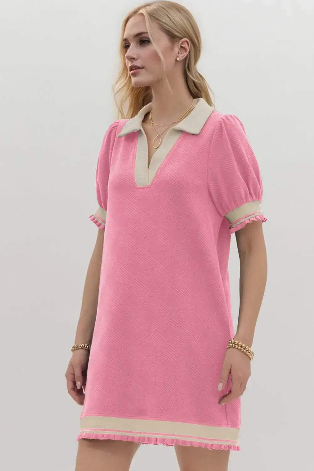 Oh Frill Contrast Trim Johnny Collar Short Sleeve Mini Dress - Trendsi - Flyclothing LLC