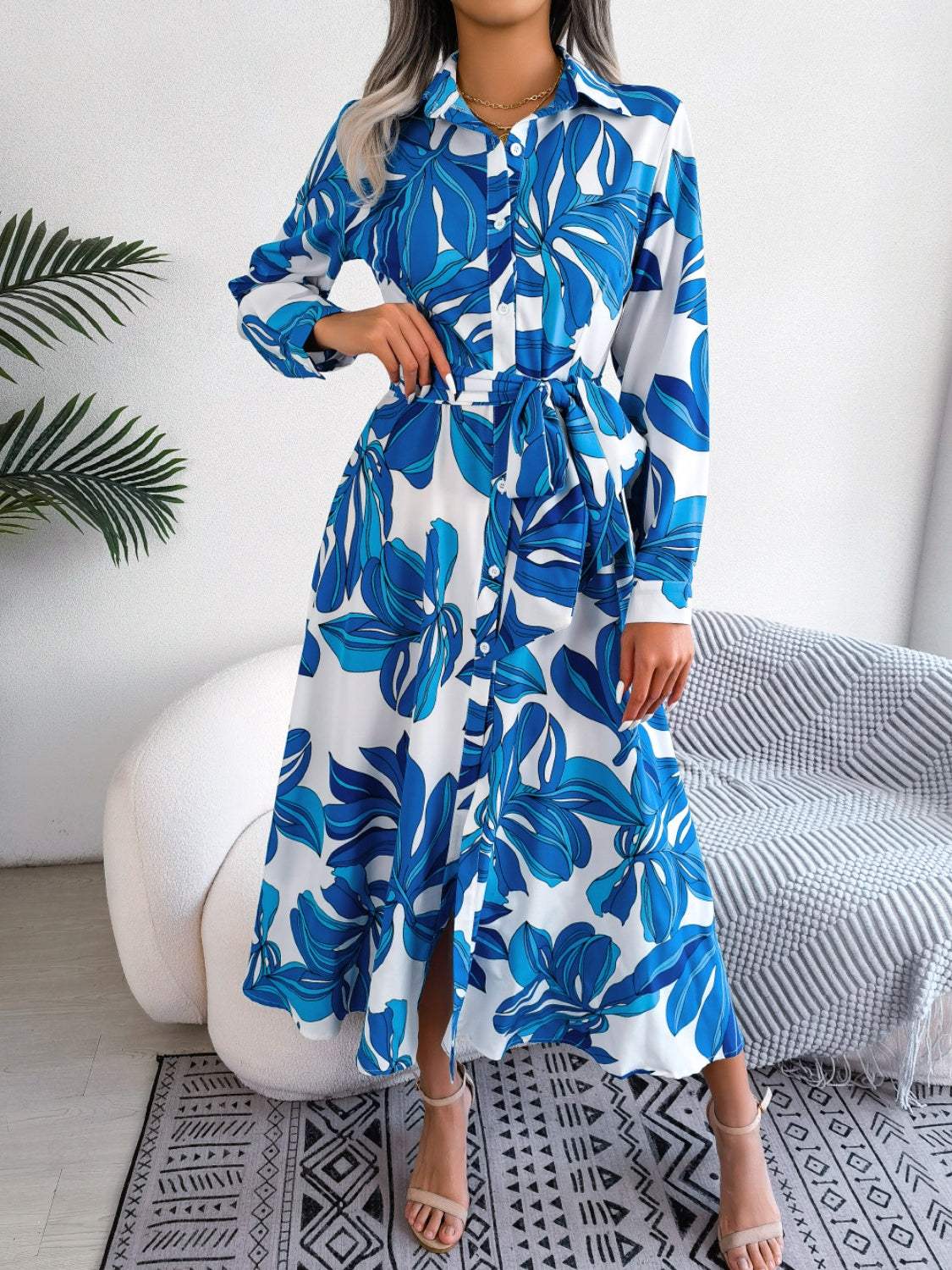 Tied Button Up Long Sleeve Dress - Trendsi - Flyclothing LLC