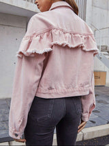 Ruffled Collared Neck Long Sleeve Denim Top - Trendsi - Flyclothing LLC