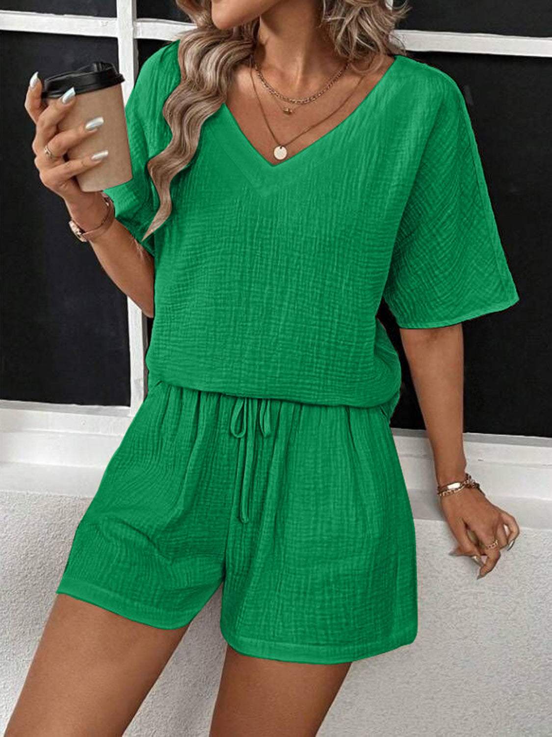 V-Neck Half Sleeve Top and Shorts Set - Trendsi - Flyclothing LLC