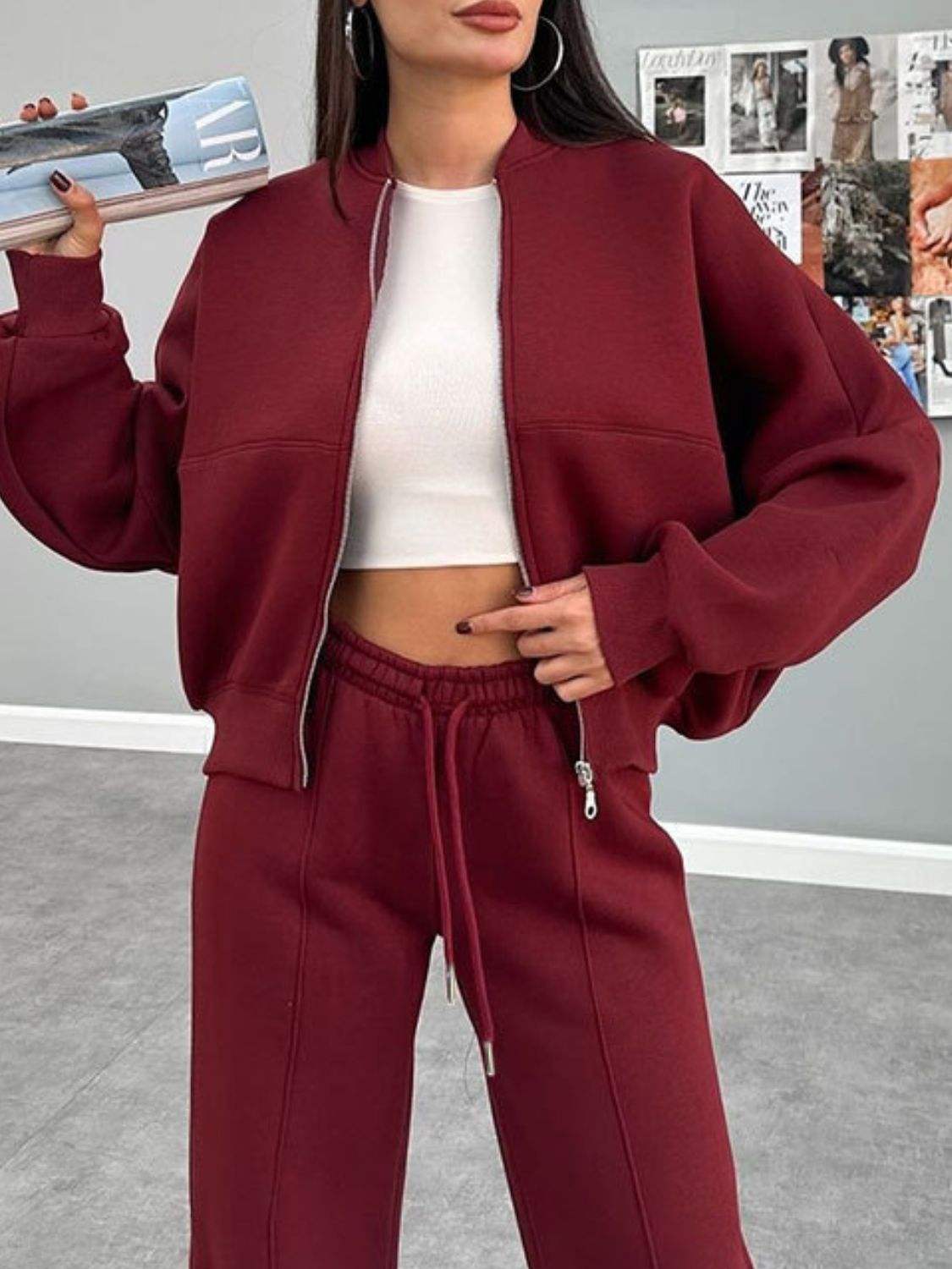 Baseball Collar Zip Up Outerwear and Drawstring Pants Set - Trendsi - Flyclothing LLC