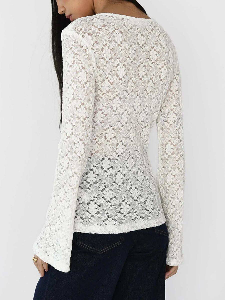 Lace V-Neck Flare Sleeve T-Shirt - Trendsi - Flyclothing LLC