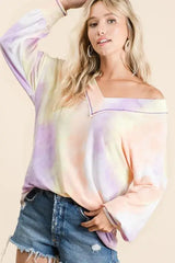 BiBi Tie Dye French Terry V-Neck Top with Puff Sleeves - Trendsi - Flyclothing LLC