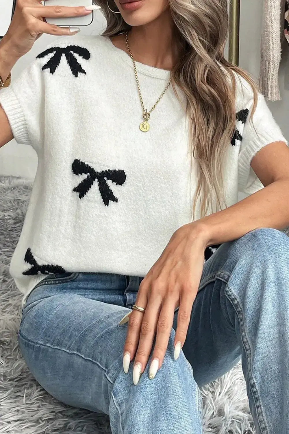 Bow Pattern Knit Short Sleeve Sweater - Trendsi - Flyclothing LLC