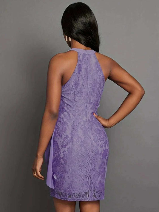 Halter Neck Layered Lace Mini Dress - Trendsi - Flyclothing LLC