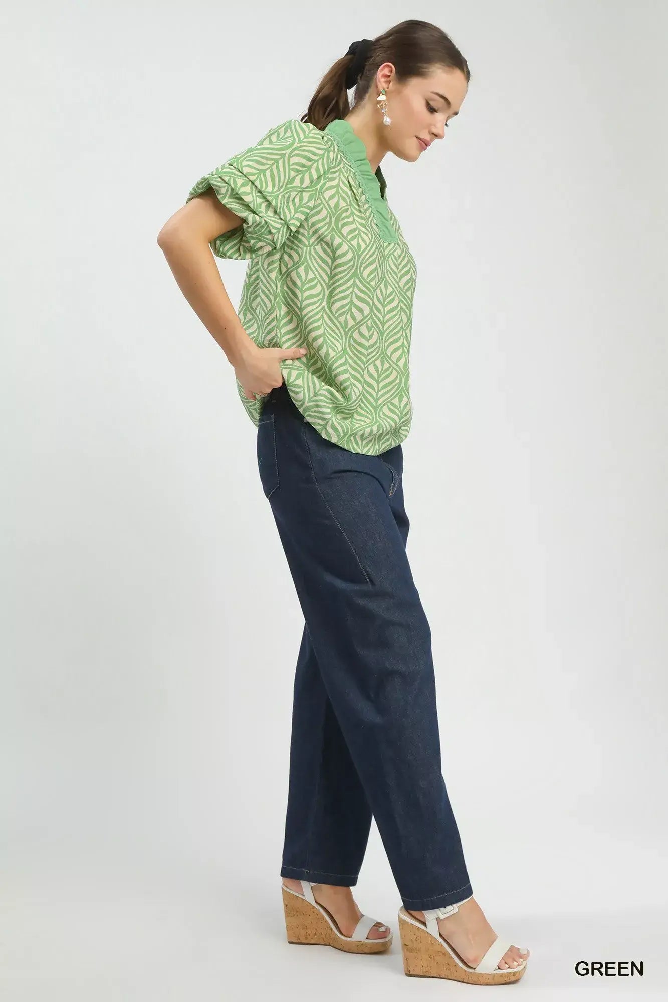 Umgee Printed Puff Sleeve Ruffle Neck Top - Trendsi - Flyclothing LLC