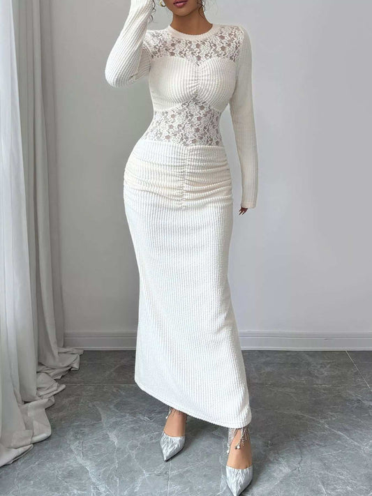 Lace Panel Ruched Bodycon Maxi Dress - Trendsi - Flyclothing LLC